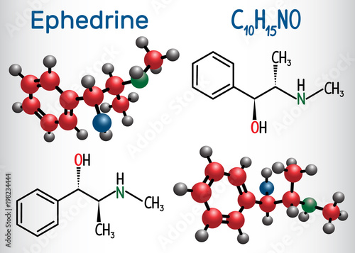 Ephedrine (C10H15NO) molecule, is a medication and stimulant. Structural chemical formula and molecule model