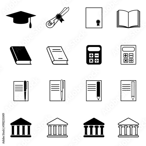 Set of education icons. Graduation cap, diploma, book, calculator, pen and pencil with notebook, university building. Vector Illustration