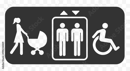 Elevator accessibility sign. Lift, mother with baby stroller, disabled icons