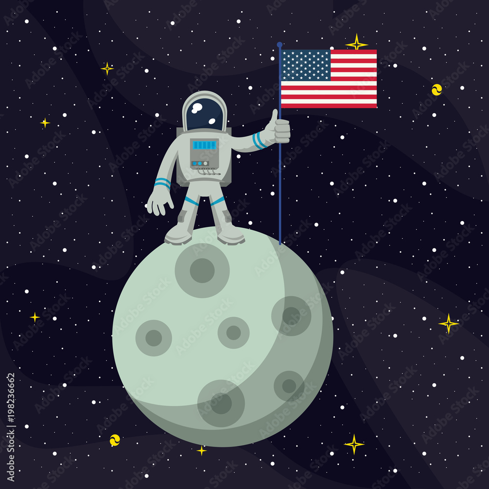 Fototapeta premium Astronaut in the moon nailing USA flag vector illustration graphic design