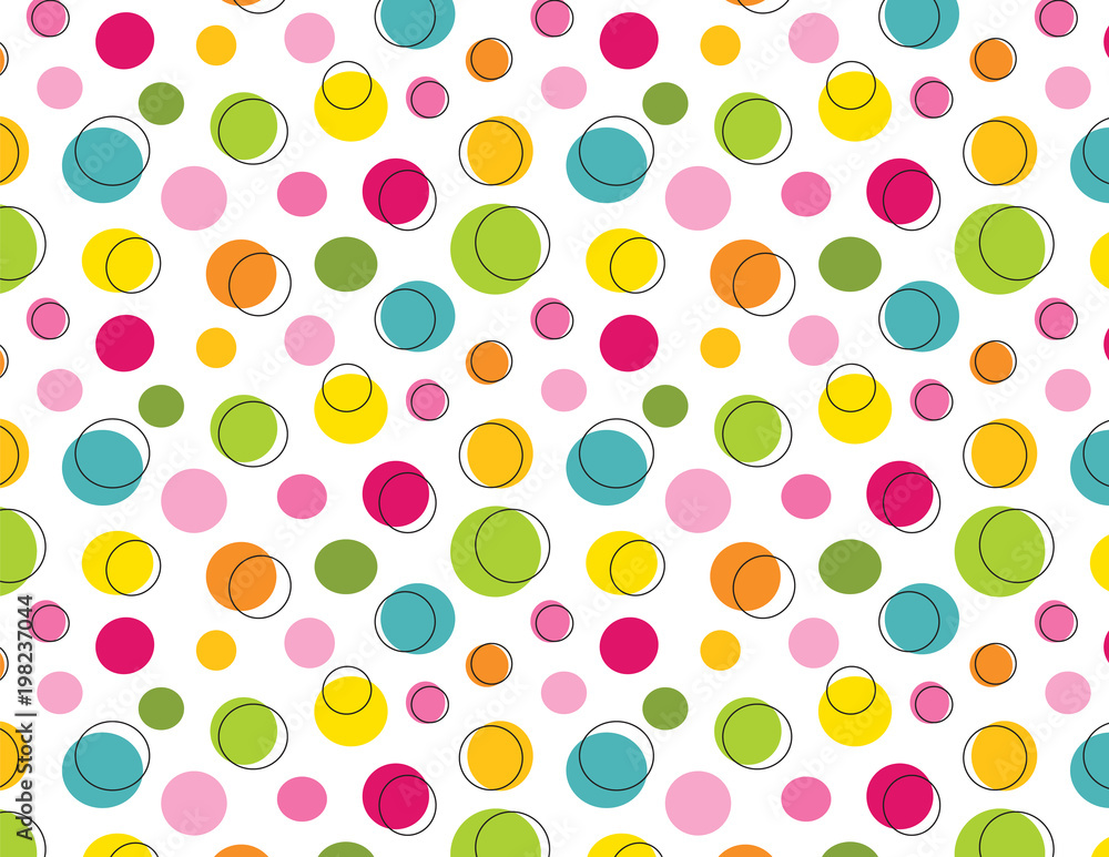 Polka dot seamless pattern for digital paper, backgrounds, borders, gift wrap, wrapping paper, scrapbooking, fabric and more. Pink, blue, green, yellow and orange circles.