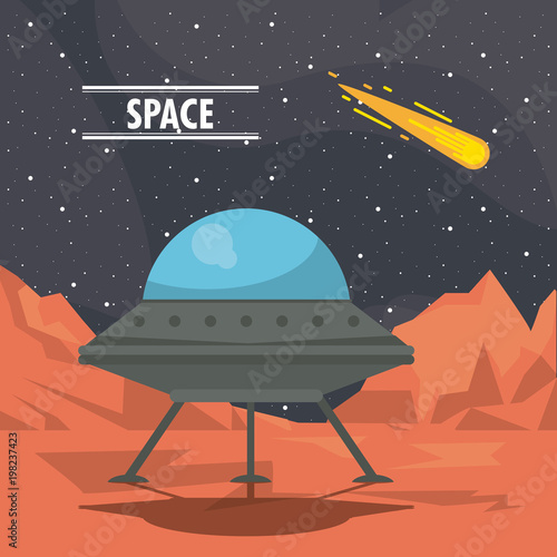 UFO spaceship on mars cartoon vector illustration graphic design
