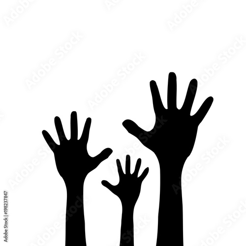 Raised up children's hands. Black silhouette. Isolated on a white background. Vector