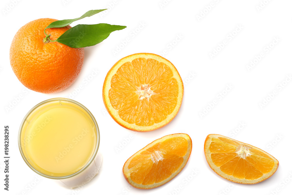 Fototapeta premium orange juice with sliced orange and green leaf isolated on white background. top view with copy space