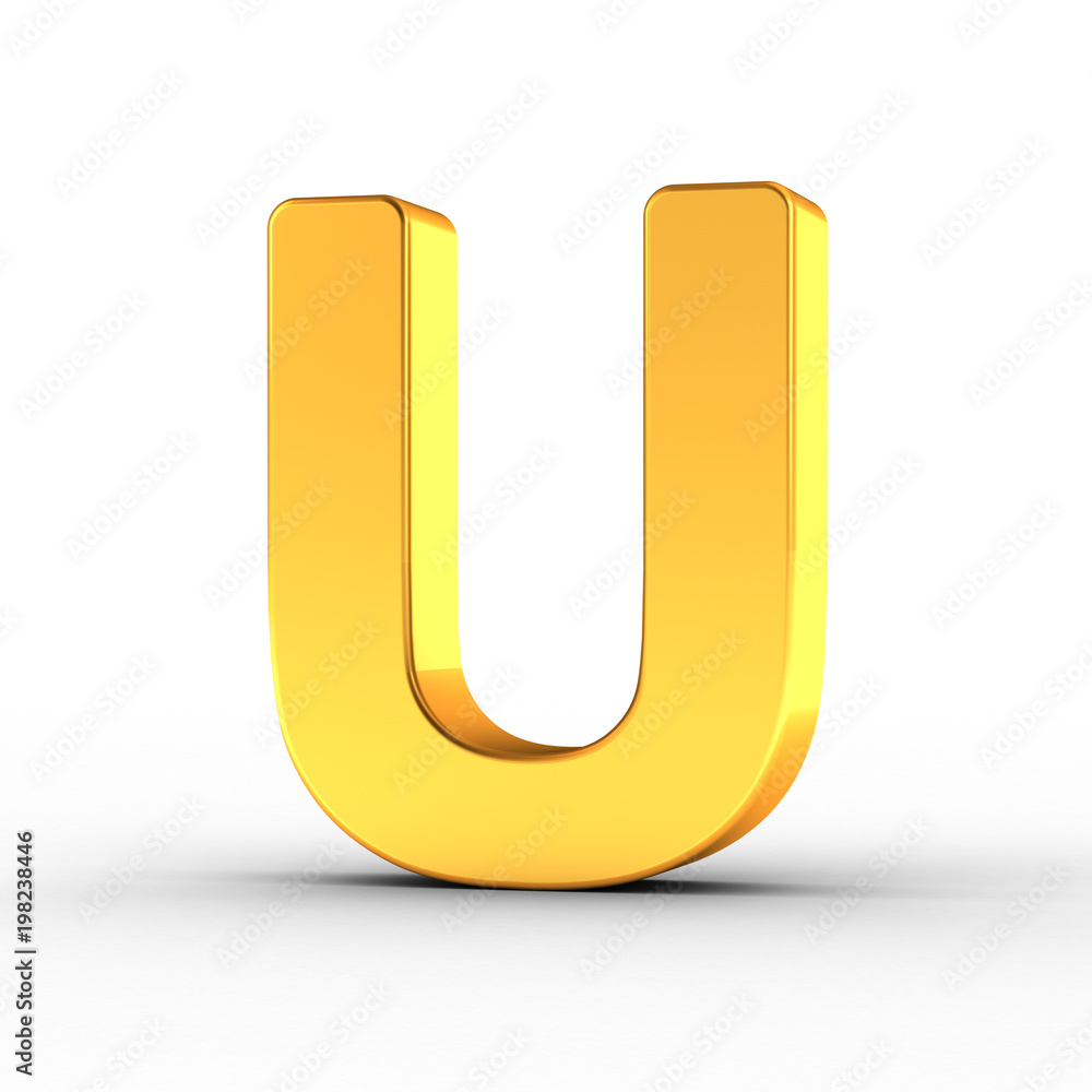 The letter U as a polished golden object with clipping path