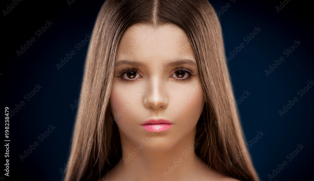 Fototapeta premium Studio, face, brown eyes, close up, sad