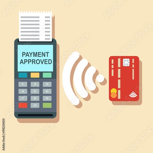 Pos terminal confirms the payment by debit credit card. Vector illustration in flat design on green background. nfc payments concept