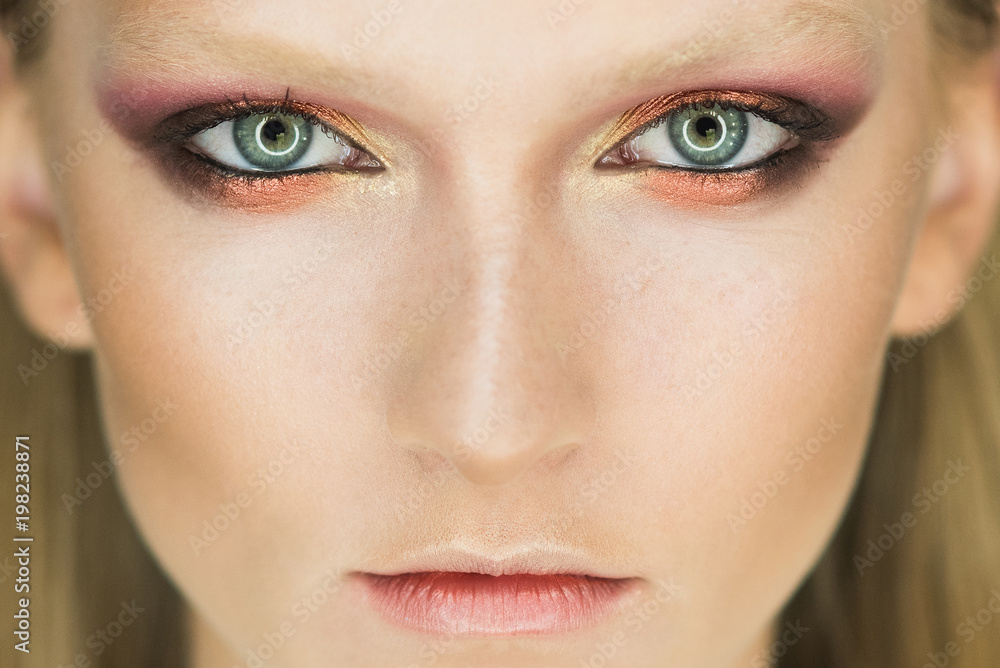 Blue eye of woman with beautiful golden shades and black eyeliner makeup. Classic make up. Perfect brows nose and lips. look Blue eye of woman with beautiful golden shades and black eyeliner makeup. Classic make up. Perfect brows nose and lips. look