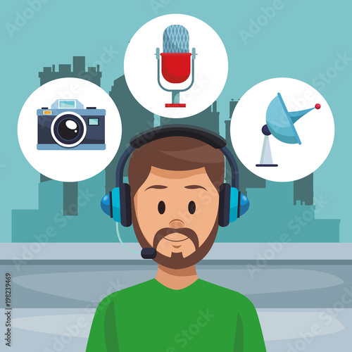 Man talking on radio at city vector illustration graphic design