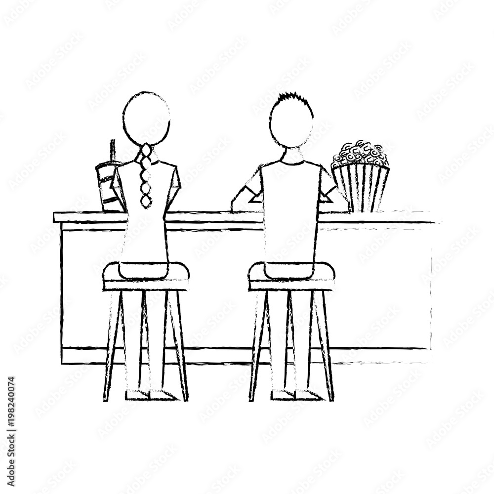 people sitting on stools cinema counter pop corn and soda vector illustration vector illustration sketch design
