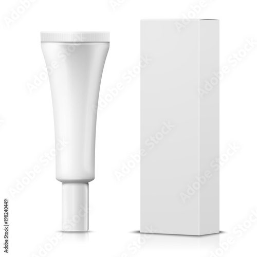 Vector 3d realistic cream tube with paper box on white background with reflection. Mock-up for product package branding.