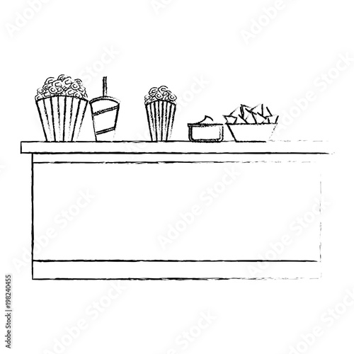 cinema bar counter buckets popcorn soda nachos food vector illustration vector illustration sketch design