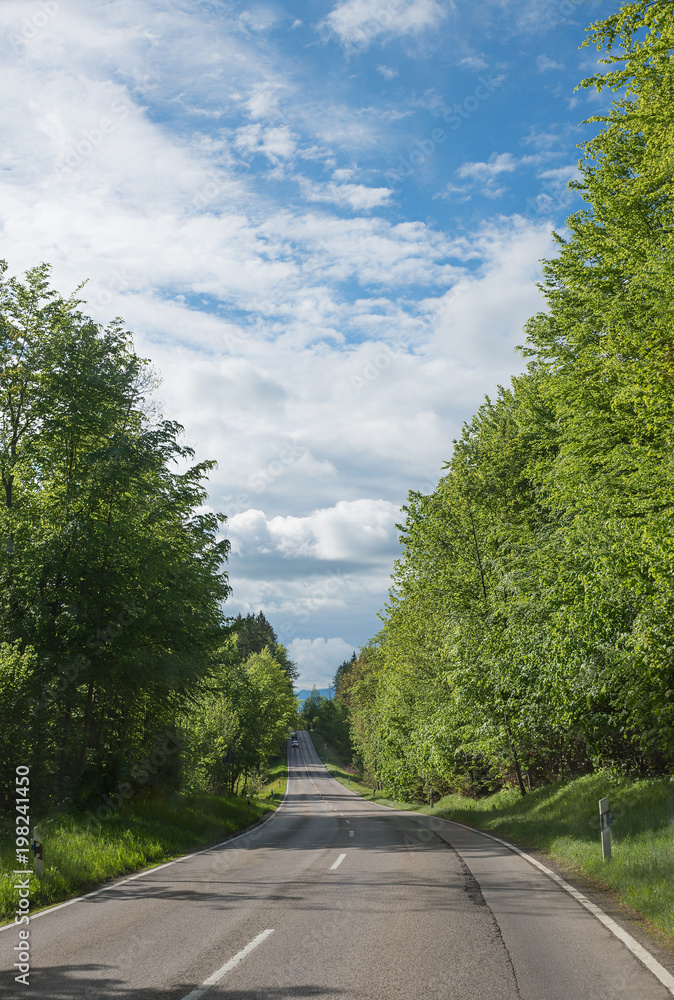Landstraße durch den Wald, blauer Himmel mit Wolken