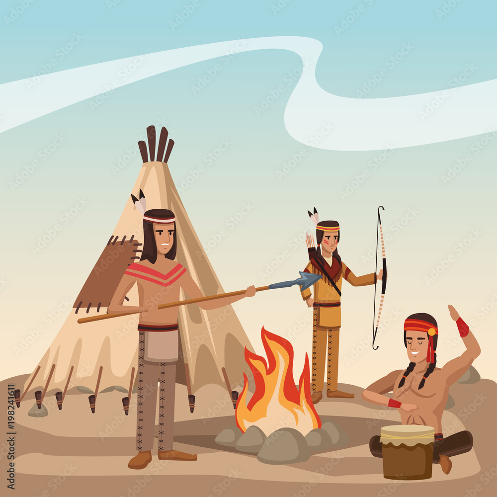 American indian tribe at village cartoon vector illustration graphic design  Stock Vector | Adobe Stock