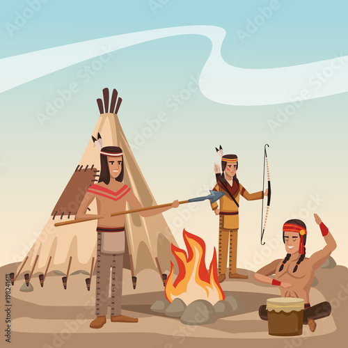 American indian tribe at village cartoon vector illustration graphic design photo