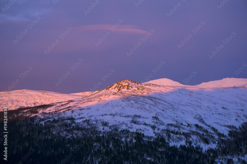 landscape - morning dawn in the mountains of the Northern Urals in the vicinity of Mount Konzhakovskiy Kamen