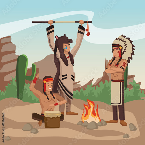 American indian tribe at village cartoon vector illustration graphic design