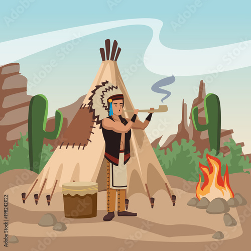 American indian smoking pipe at village vector illustration graphic design photo