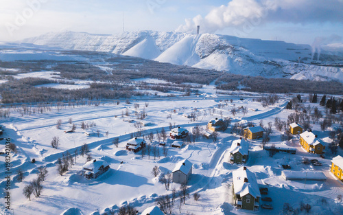 Aerial winter view of Kiruna, the northernmost town in Sweden, province of Lapland, winter sunny picture shot from drone