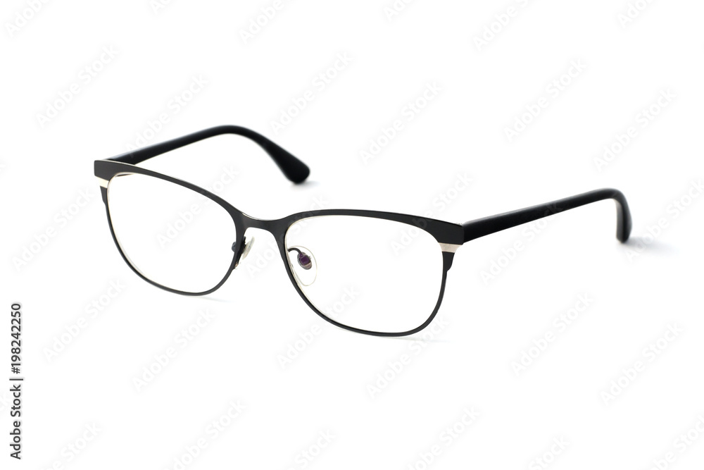 Stylish popular black glasses with diopters isolated on white background Stylish popular black glasses with diopters isolated on white background