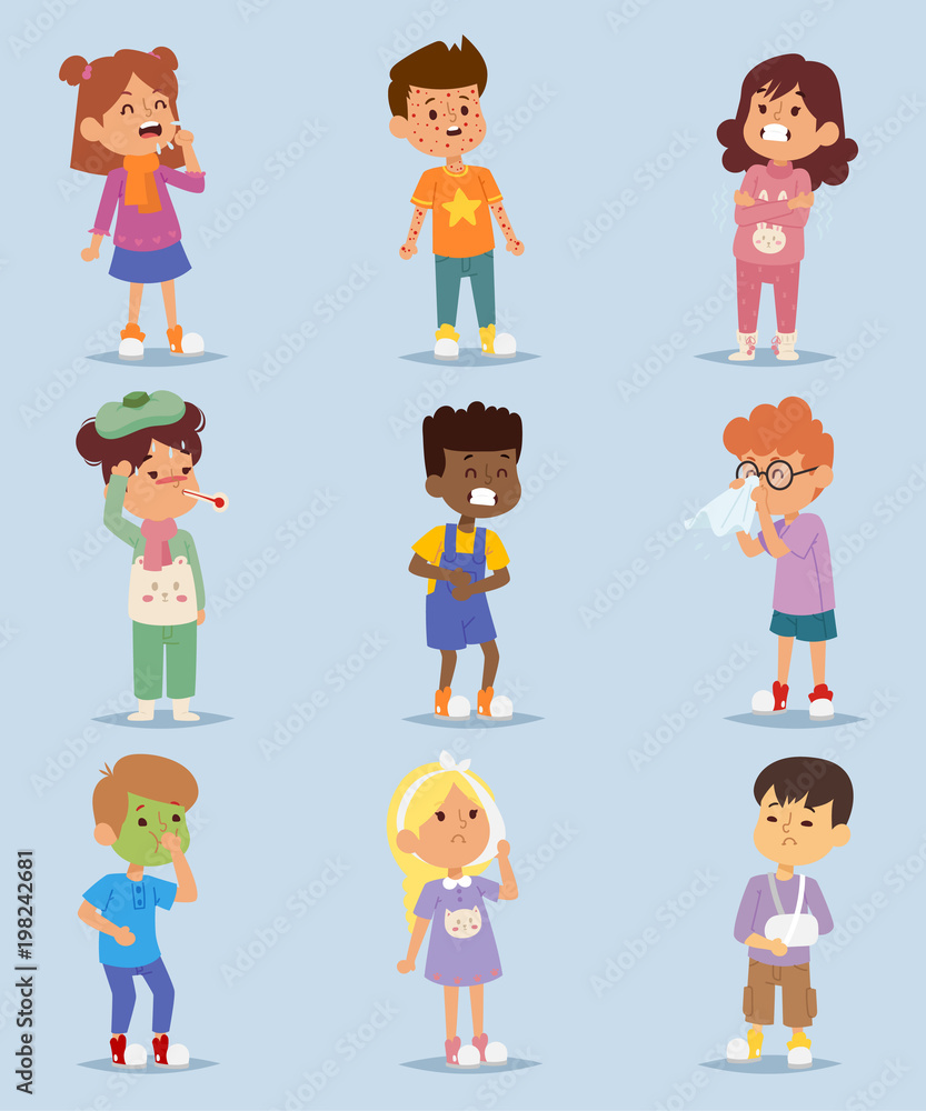 Children sickness illness disease little kids characters set. Flu problem health stick sick children figure pictogram icons. Sad influenza sick children little people hospital resting childcare