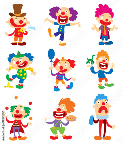Clown character vector performing different fun activities cartoon illustrations. Clown character funny happy costume cartoon joker. Fun makeup and carnival smile hat nose clown character