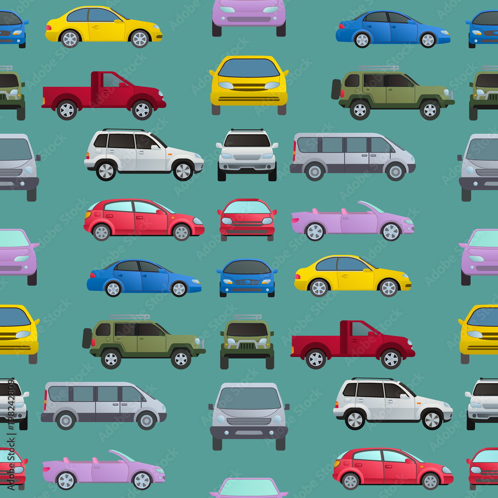 Car auto vehicle transport type design travel race model technology style and generic automobile contemporary kid toy seamless pattern background vector illustration.