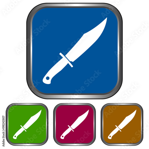Square, metallic dagger/knife (white silhouette) icon. Four color variations. Isolated on white