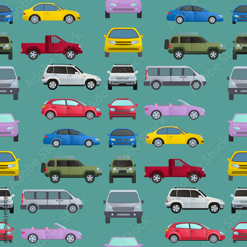 Car auto vehicle transport type design travel race model technology style and generic automobile contemporary kid toy seamless pattern background vector illustration.