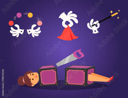Magic effect trick vector symbol magician tools and surprise entertainment magical fantasy carnival mystery cartoon miracle decoration illustration.