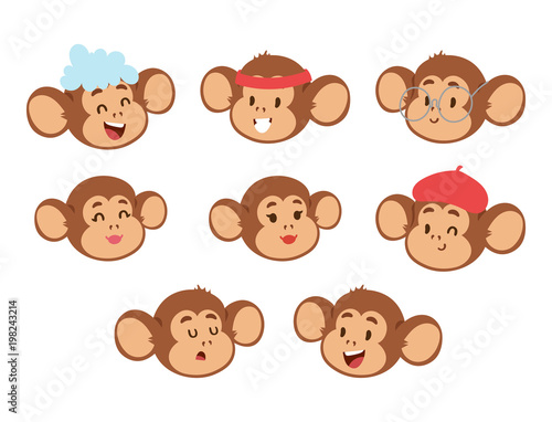 Monkeys rare animal vector cartoon macaque head like people nature primate character wild zoo ape chimpanzee illustration.