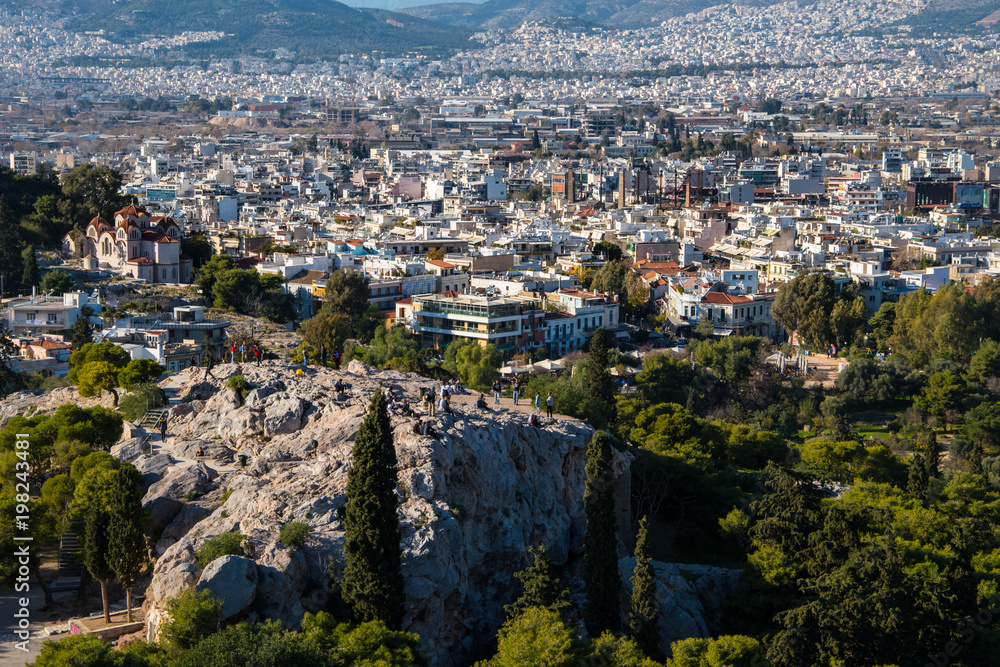 Panoramic view of Athens and Aeropagus, a prominent rock outcropping located northwest of the Acropolis in Athens, Greece.