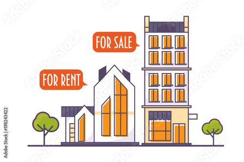 Linear or line art style vector illustration for suburban neighborhood real estate agency: cityscape with residential and commerce houses or buildings. Could be used website landing page template.
