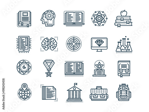School education, university. Study, learning process. Oline lessons, tutorial. Student knowledge. History book.Thin line black web icon set. Outline icons collection.Vector illustration.