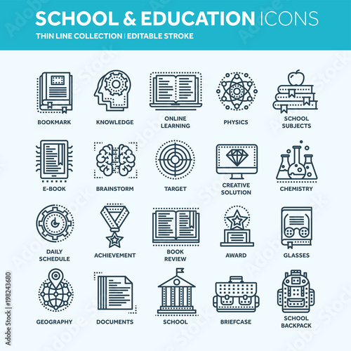 School education, university. Study, learning process. Oline lessons, tutorial. Student knowledge. History book.Thin line web icon set. Outline icons collection.Vector illustration.
