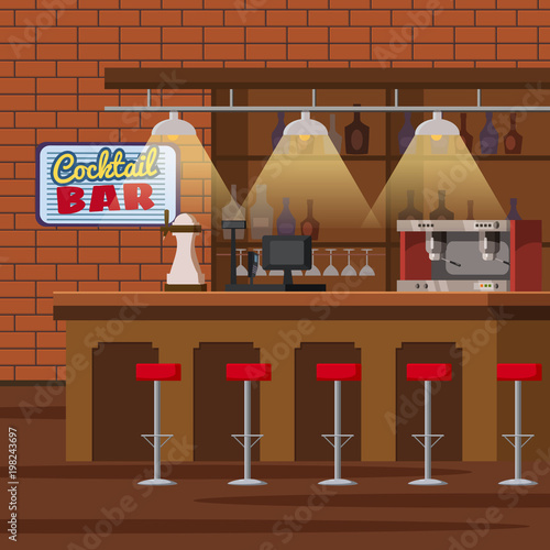 Bar counter. Pub beer tap pump, stools, shelves with alcohol bottles. Pub with beer glassesCartoon vector isolated illustration