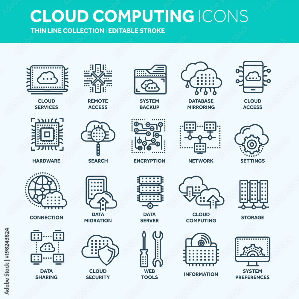 Cloud computing. Internet technology. Online services. Data, information security. Connection. Thin line web icon set. Outline icons collection.Vector illustration.