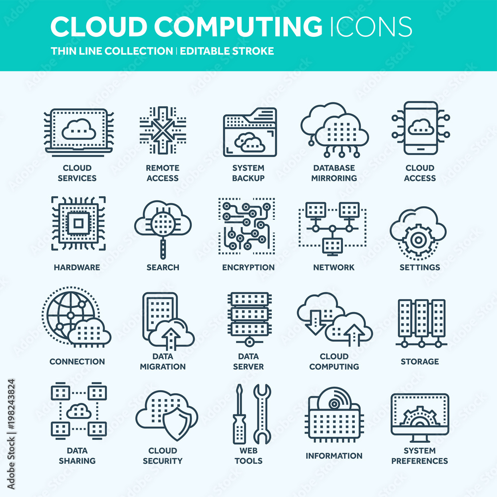 Cloud computing. Internet technology. Online services. Data, information security. Connection. Thin line web icon set. Outline icons collection.Vector illustration. Cloud computing. Internet technology. Online services. Data, information security. Connection. Thin line web icon set. Outline icons collection.Vector illustration.