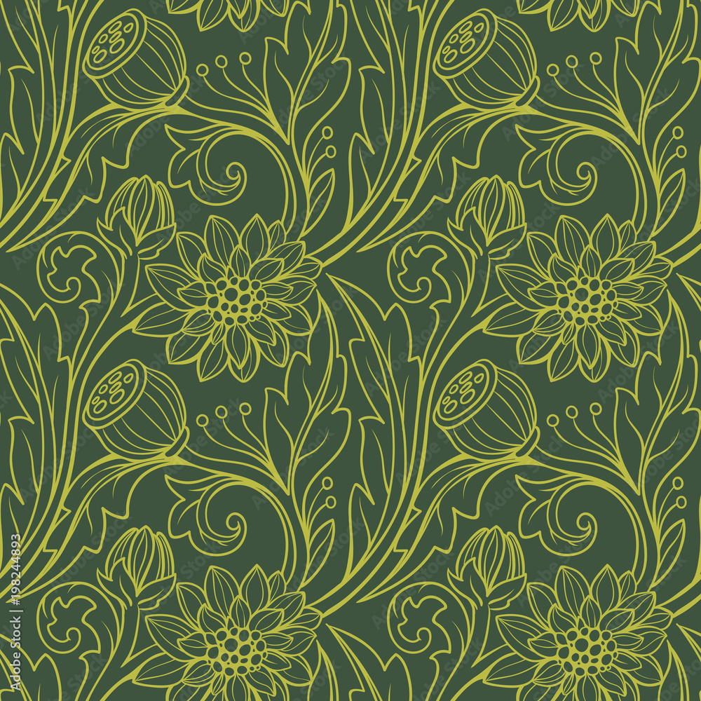 floral pattern. Yellow on green background.