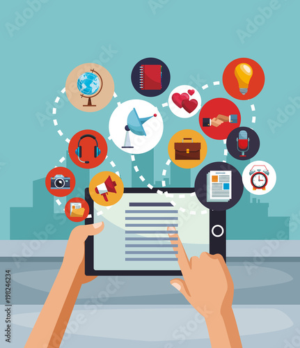 Navigating on social media from tablet vector illustration graphic design