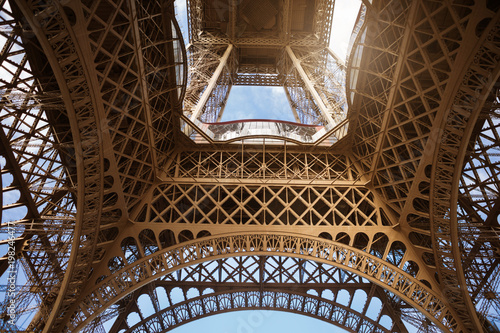 Elements of the Eiffel Tower in Paris against the blue sky