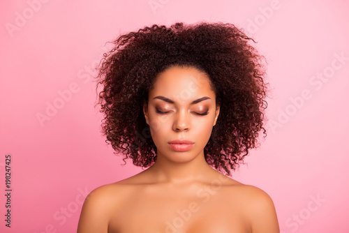 Sensual, natural, pure, clean, clear, fresh, shirtless girl with close eyes, pout lips, perfect smooth soft skin after mask, cream, lotion, balm, isolated on pink background with serious expression