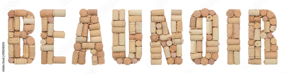 Grape variety Beaunoir made of wine corks Isolated on white background