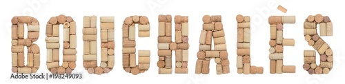 Grape variety Bouchalès made of wine corks Isolated on white background photo