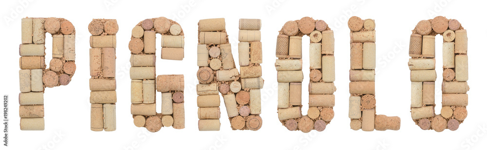 Grape variety Pignolo made of wine corks Isolated on white background