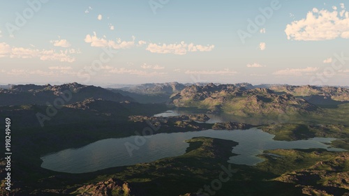 mountain lake, panorama of a mountain landscape 3D rendering