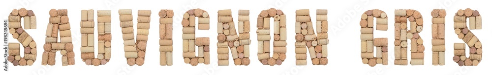 Grape variety Sauvignon gris made of wine corks Isolated on white background