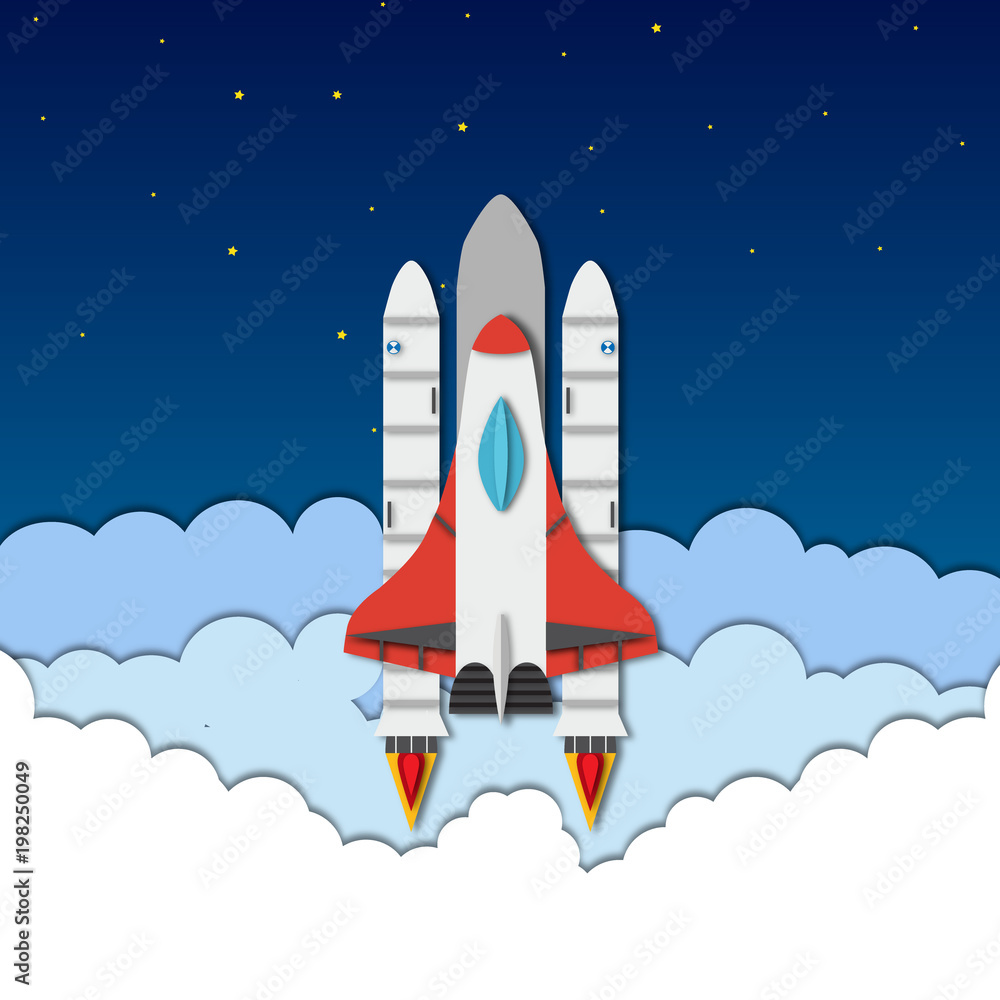 Obraz premium Vector paper cut illustration with rocket, shuttle, sky, clouds