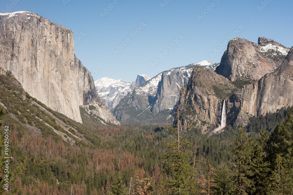 Yosemite landscape in spring with snow on the summits