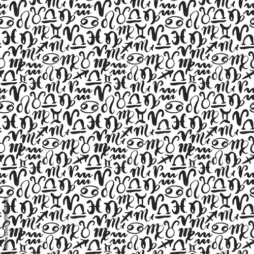 Zodiac signs seamless pattern. Hand drawn horoscope astrology symbols, grunge textured design, typography print, vector illustration